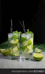 alcoholic drink mojito cocktail with lime and mint and palm leaf