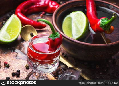 alcoholic drink with red pepper. hot chili pepper cocktail with strong alcohol