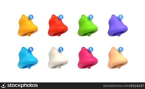 Alert message icons with colored bells and exclamation points. Symbols of notice, alarm or attention buttons. 3d illustration of handbells isolated on white background. Alert message icons with colored bells