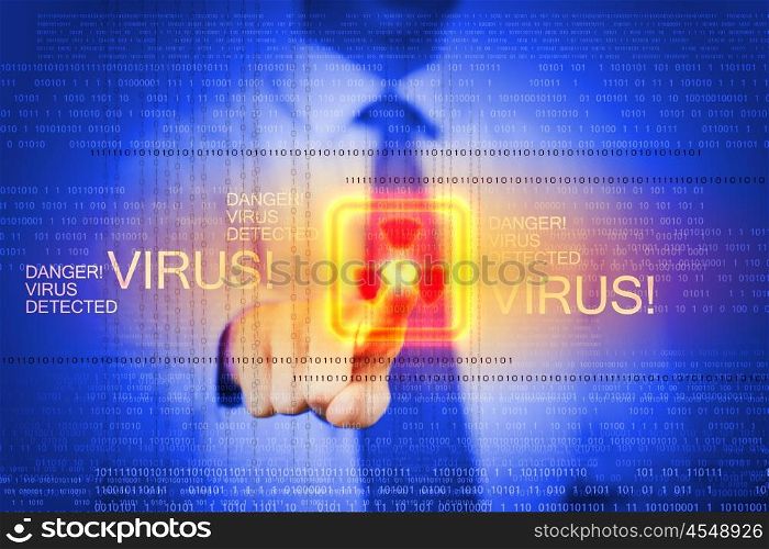 Alert message. Image of businessman touching virus alert icon
