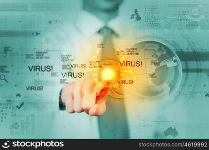 Alert message. Image of businessman touching virus alert icon