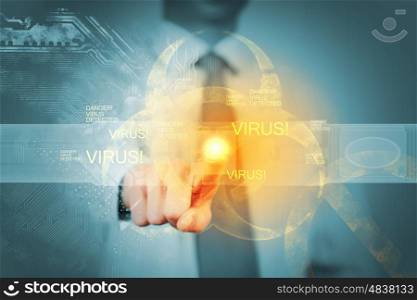 Alert message. Image of businessman touching virus alert icon