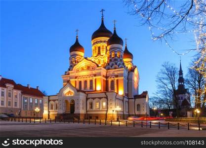 Alexander Nevsky Cathedral at night in Tallinn. Russian Orthodox Alexander Nevsky Cathedral illuminated at night, Tallinn, Estonia