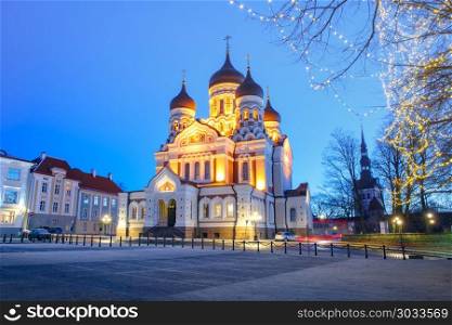 Alexander Nevsky Cathedral at night in Tallinn. Russian Orthodox Alexander Nevsky Cathedral and Christmass illuminated at night, Tallinn, Estonia