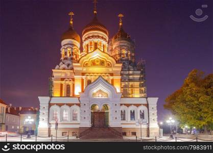 Alexander Nevsky Cathedral on Toompea hill at night.. Tallinn. Alexander Nevsky Church.