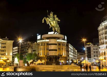 Alexander the Great Monument in Skopje in a beautiful summer nigth, Macedonia