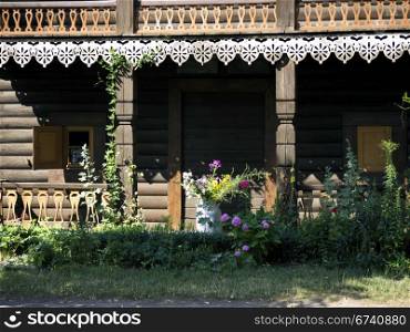 Alexandrowka-Blockhaus Loggia. Alexandrowka Russian colony in Potsdam - log cabin loggia