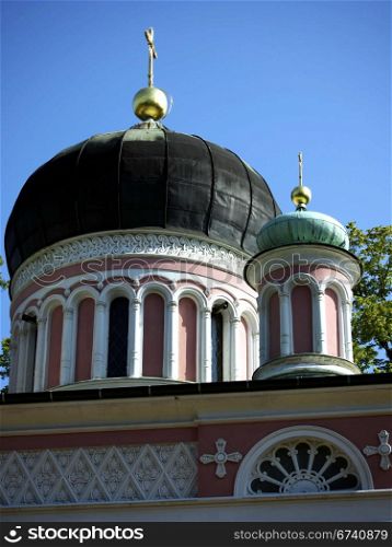 Alexandrowka-Kirche-Zwiebelturm. Alexandrowka Russian colony in Potsdam - Alexander Nevsky Memorial Church - onion dome