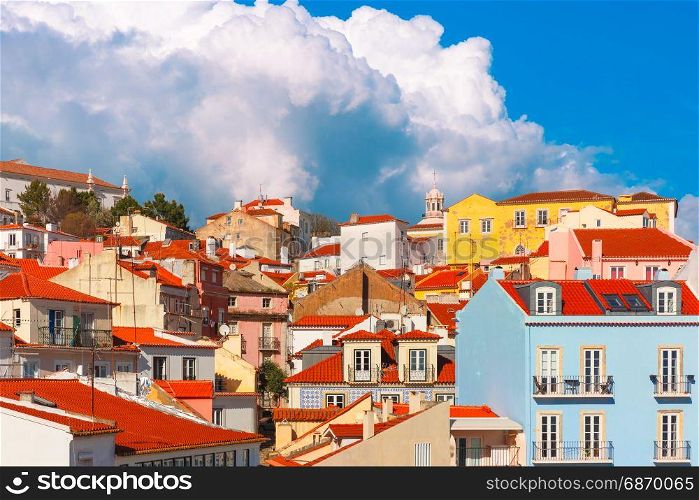 Alfama on a sunny afternoon, Lisbon, Portugal. Aerial view of Alfama, the oldest district of the Old Town on the sunny afternoon, Lisbon, Portugal