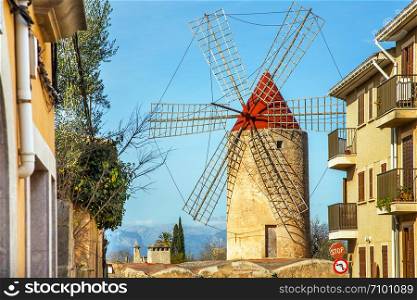 Algadia, Mallorca, Spain, December 17, 2018 An old windmill in the city. Windmill in Algadia Mallorca Spain