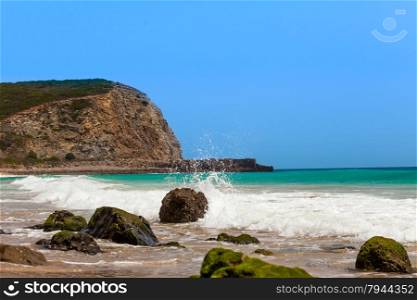 Algarve, Portugal, Europe. Atlantic coast. ocean waves of Atlantic Ocean