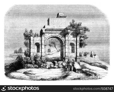 Algeria, Djemila triumphal arch, indicated to be transported to Paris, vintage engraved illustration. Magasin Pittoresque 1843.