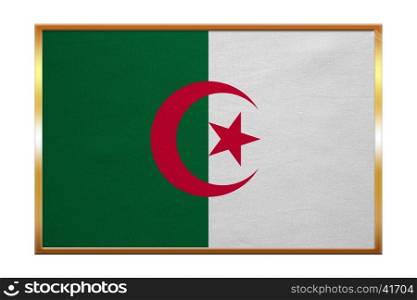 Algerian national official flag. African patriotic symbol, banner, element, background. Correct colors. Flag of Algeria , golden frame, fabric texture, illustration. Accurate size, color