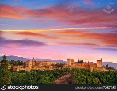 Alhambra fortress sunset in Granada of Spain at andalusian