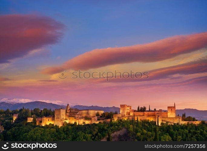 Alhambra fortress sunset in Granada of Spain at andalusian