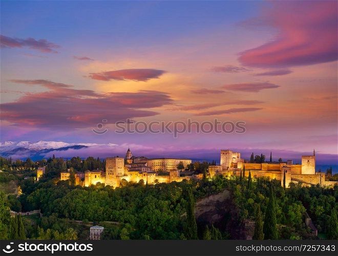 Alhambra sunset in Granada of Spain view from Albaicin