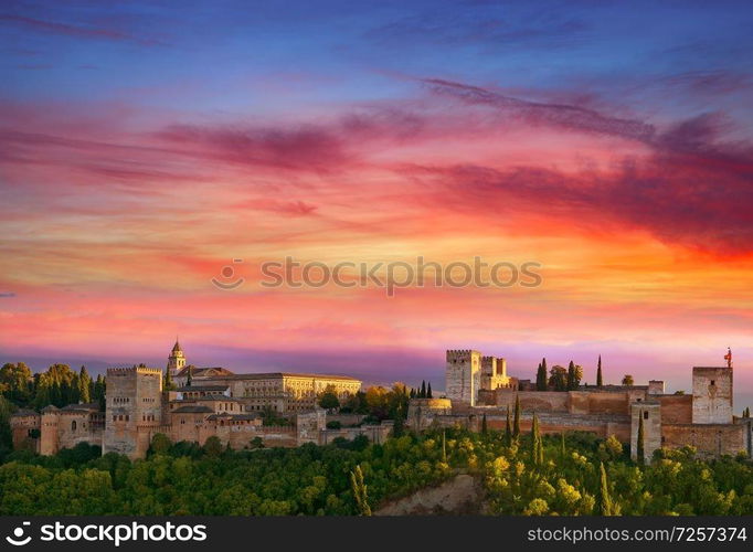 Alhambra sunset in Granada of Spain view from Albaicin