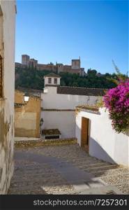 Alhambra view from Albaicin of Granada arabic old district of Andalusia muslim Spain