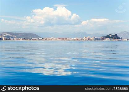 Alicante Denia view from blue calm Mediterranean sea in Spain