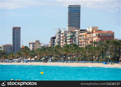 Alicante Playa el Postiguet beach downtown and Esplanada palm trees in Spain