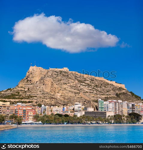 Alicante Postiguet beach and castle Santa Barbara in Spain Valencian Community