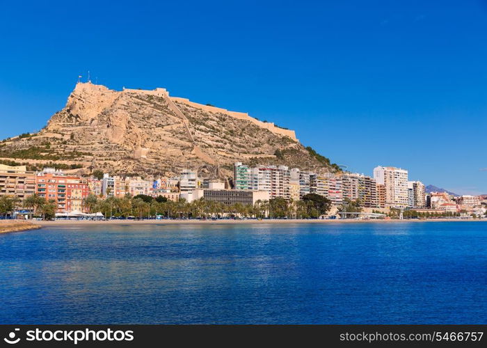 Alicante Postiguet beach and castle Santa Barbara in Spain Valencian Community