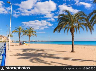Alicante Postiguet beach at Mediterranean sea in Spain palm trees
