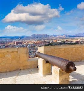 Alicante skyline and old canyons of Santa Barbara Castle in Spain