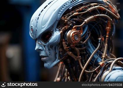 Alien from hell with bio organic matter stretched between its electronic parts,created by AI