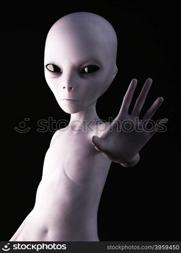 Alien holding its hand up like it&rsquo;s greeting you. 3D rendering. Black background.