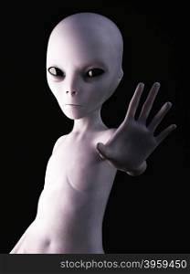 Alien holding its hand up like it&rsquo;s greeting you. 3D rendering. Black background.