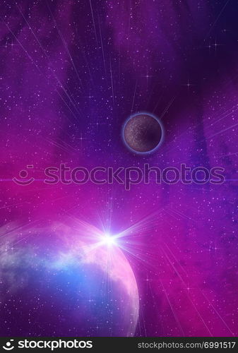 Alien purple planet and blue nebula clouds, starry outer space background.