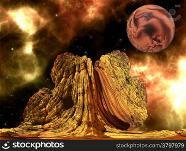 Alien Rock with space background and a brown planet