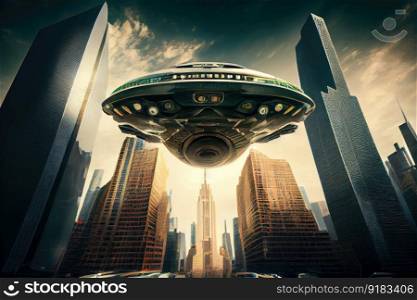 alien ship hovers over modern cityscape, with skyscrapers and cars visible below, created with generative ai. alien ship hovers over modern cityscape, with skyscrapers and cars visible below