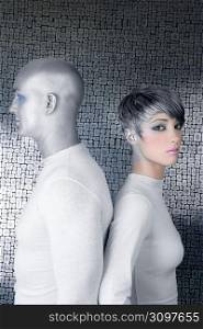 alien silver future couple silver man fashion woman futuristic metaphor