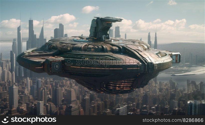 Alien spaceship or UFO in the sky over human city. distinct generative AI image.. Alien spaceship or UFO in the sky over human city