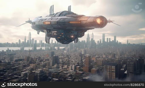 Alien spaceship or UFO in the sky over human city. distinct generative AI image.. Alien spaceship or UFO in the sky over human city