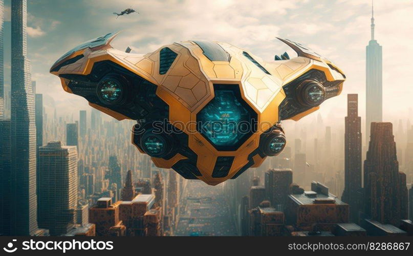 Alien spaceship or UFO in the sky over human city. distinct≥≠rative AI ima≥.. Alien spaceship or UFO in the sky over human city