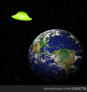 aliens spaceship near earth planet - collage