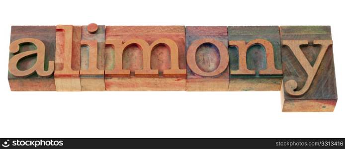 alimony word in vintage wooden letterpress printing blocks, stained by color inks, isolated on white