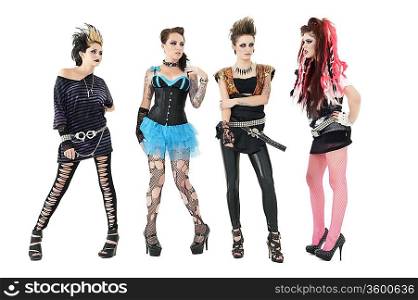All female rock band members posing over white background
