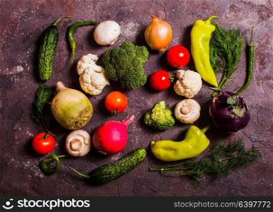 All fresh vegetables in a large set laid out on the table, top view close-up. Many vegetables laid out on the table