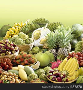 All fruits on green background