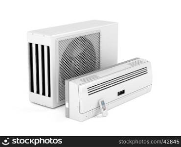 All parts of modern split system air conditioner on white background