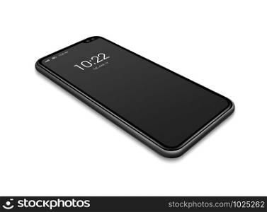 All-screen black smartphone mockup isolated on white with clock display. 3D render. All-screen black smartphone mockup isolated on white. 3D render