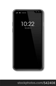 All-screen black smartphone mockup isolated on white with clock display. 3D render. All-screen black smartphone mockup isolated on white. 3D render