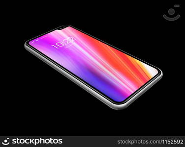 All-screen colorful blank smartphone mockup isolated on black with clock. 3D render. All-screen colorful smartphone mockup isolated on black. 3D render