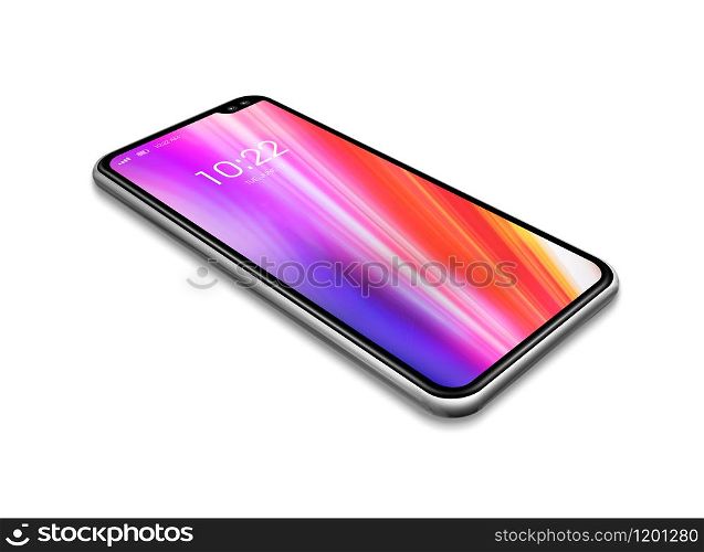 All-screen colorful blank smartphone mockup isolated on white with clock. 3D render. All-screen colorful smartphone mockup isolated on white. 3D render