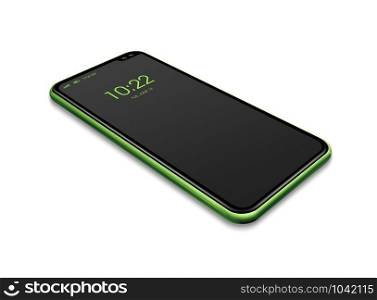 All-screen digital black and green smartphone mockup isolated on white. 3D render. All-screen black and green smartphone mockup isolated on white. 3D render