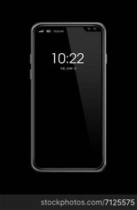 All-screen digital blank smartphone mockup isolated on black with clock display. 3D render. All-screen blank smartphone mockup isolated on black. 3D render